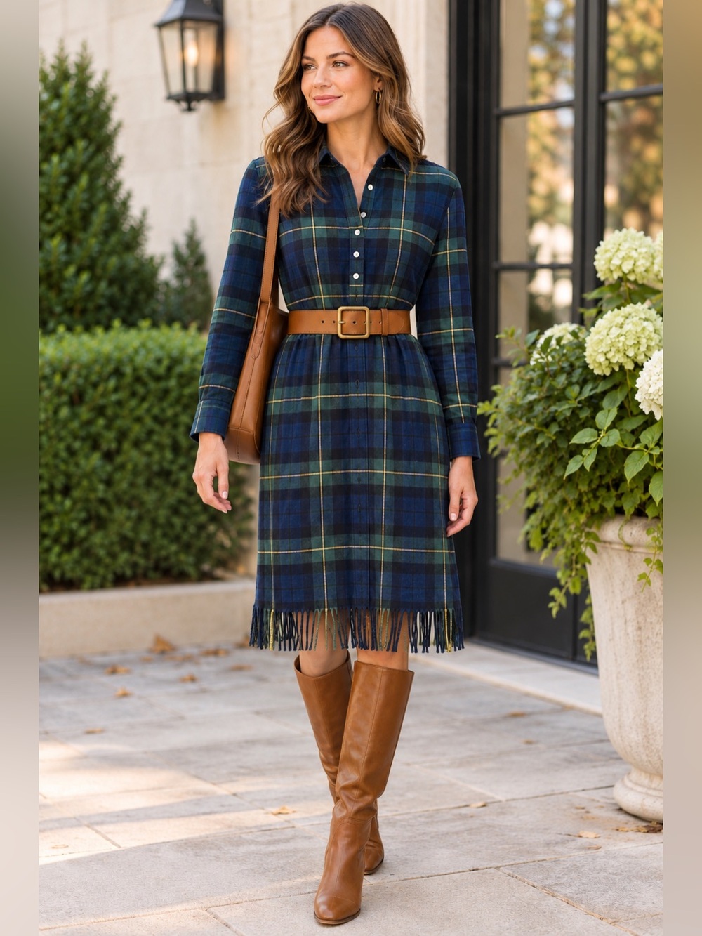 Polo by Ralph Lauren Navy Green Plaid Fringe Hem Shirt Dress Size 10 Oversized